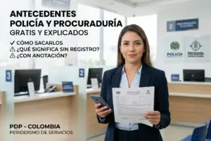 Mulher segura documento 'ANTECEDENTES' e celular em escritório de registros