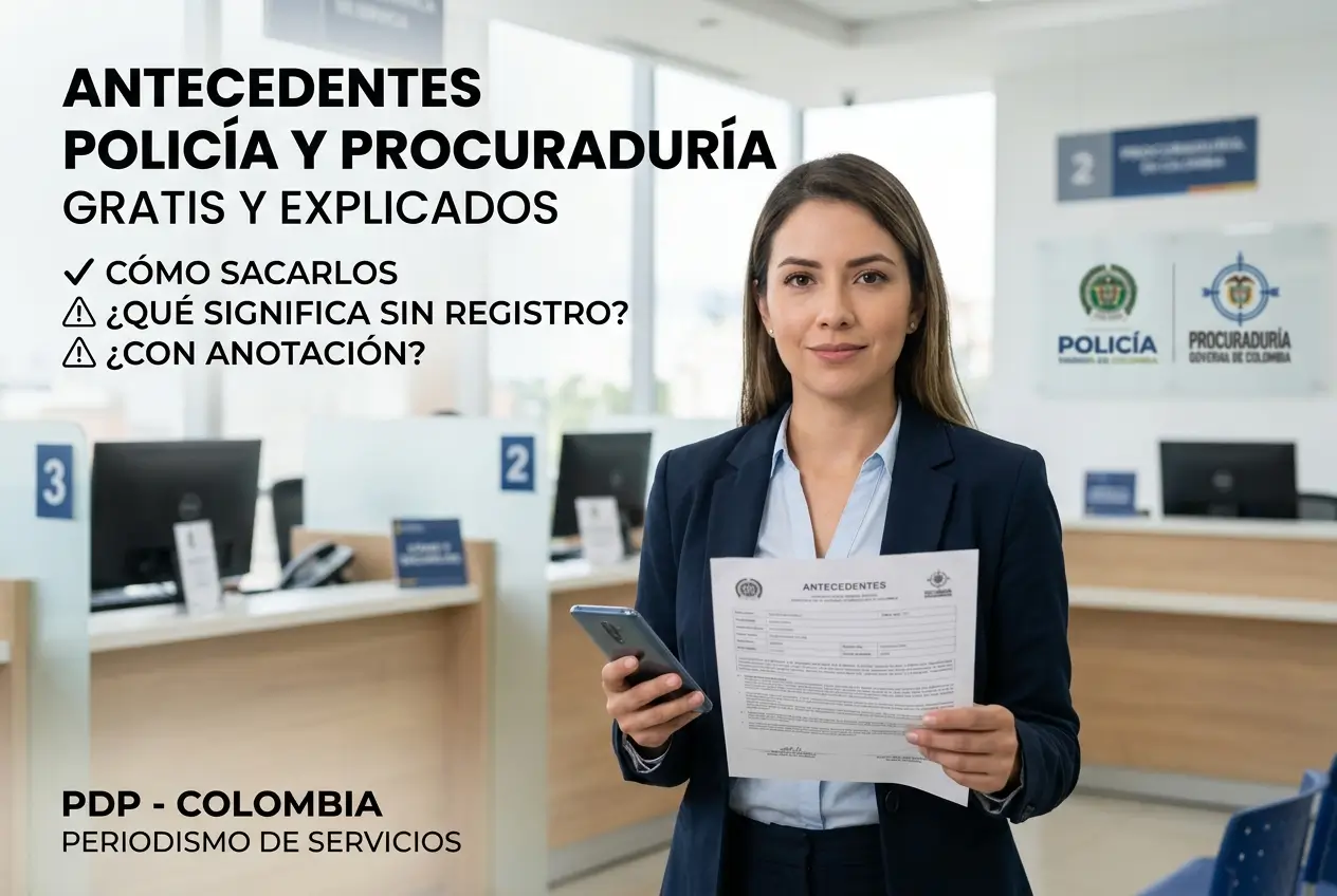 Mulher segura documento 'ANTECEDENTES' e celular em escritório de registros