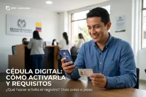Homem feliz usando app Cédula Digital no escritório