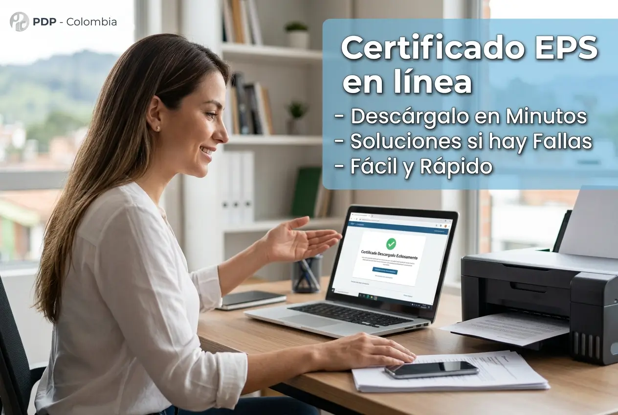 Mulher com certificado EPS baixado em 2026 no laptop