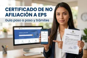 Mulher com certificado digital e "Certificado de no afiliación a EPS"