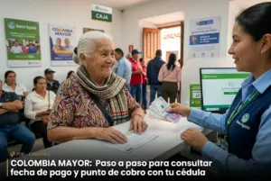 Idosa sorridente em banco recebendo assistência financeira