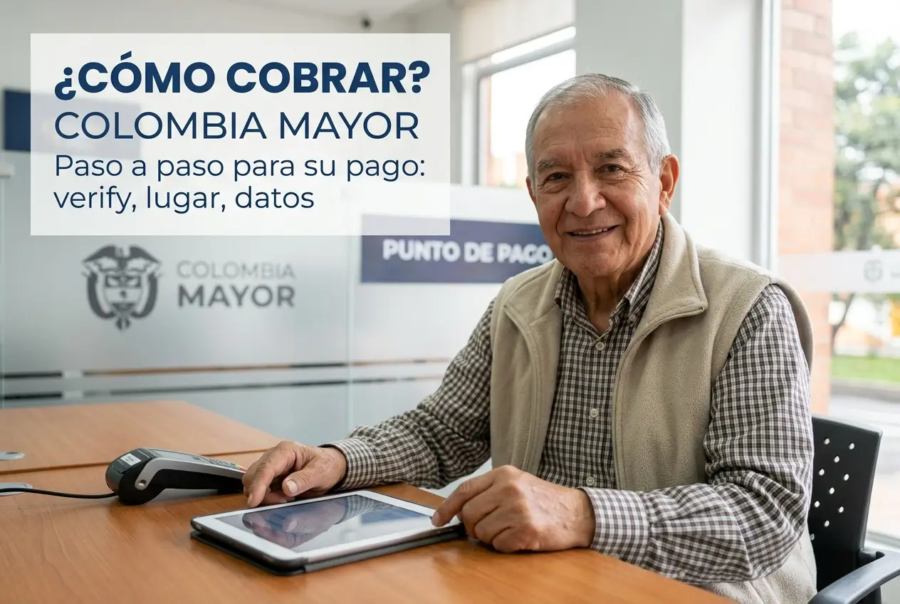 Idoso sorrindo com tablet e placa 'COLOMBIA MAYOR'.
