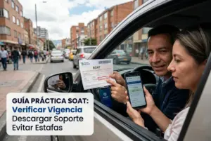 Homem e mulher em carro com documento SOAT e smartphone