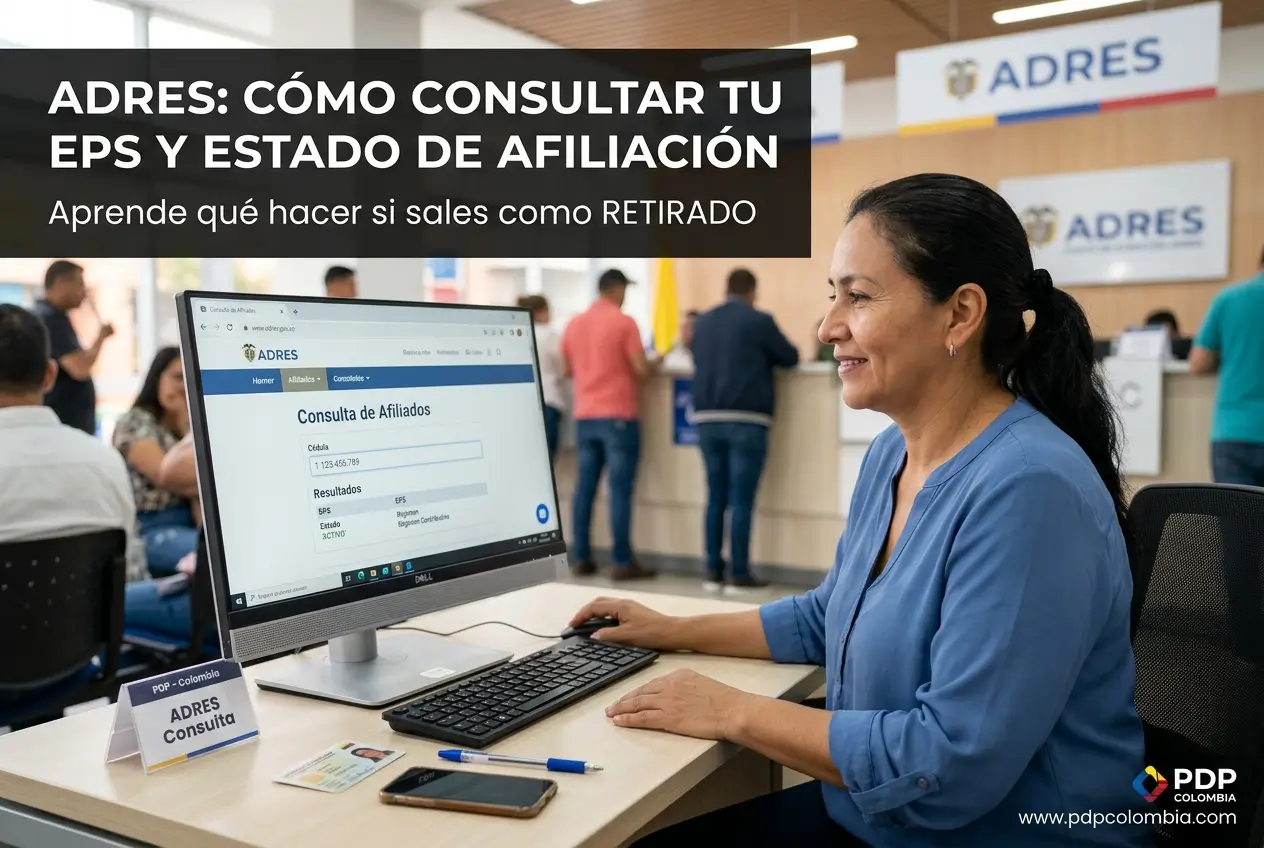 Mulher consulta ADRES em escritório moderno na Colômbia