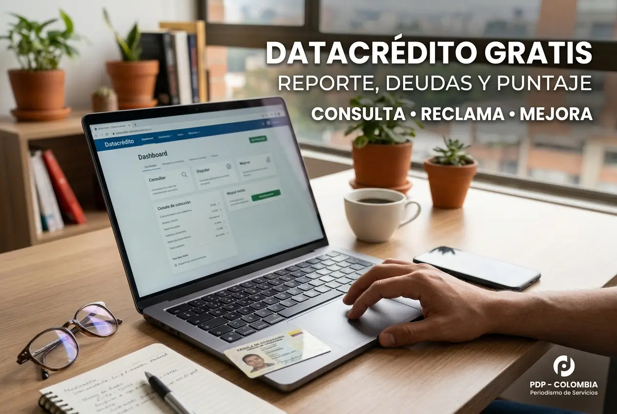 Tela de consulta de crédito Datacredito no laptop com itens de escritório