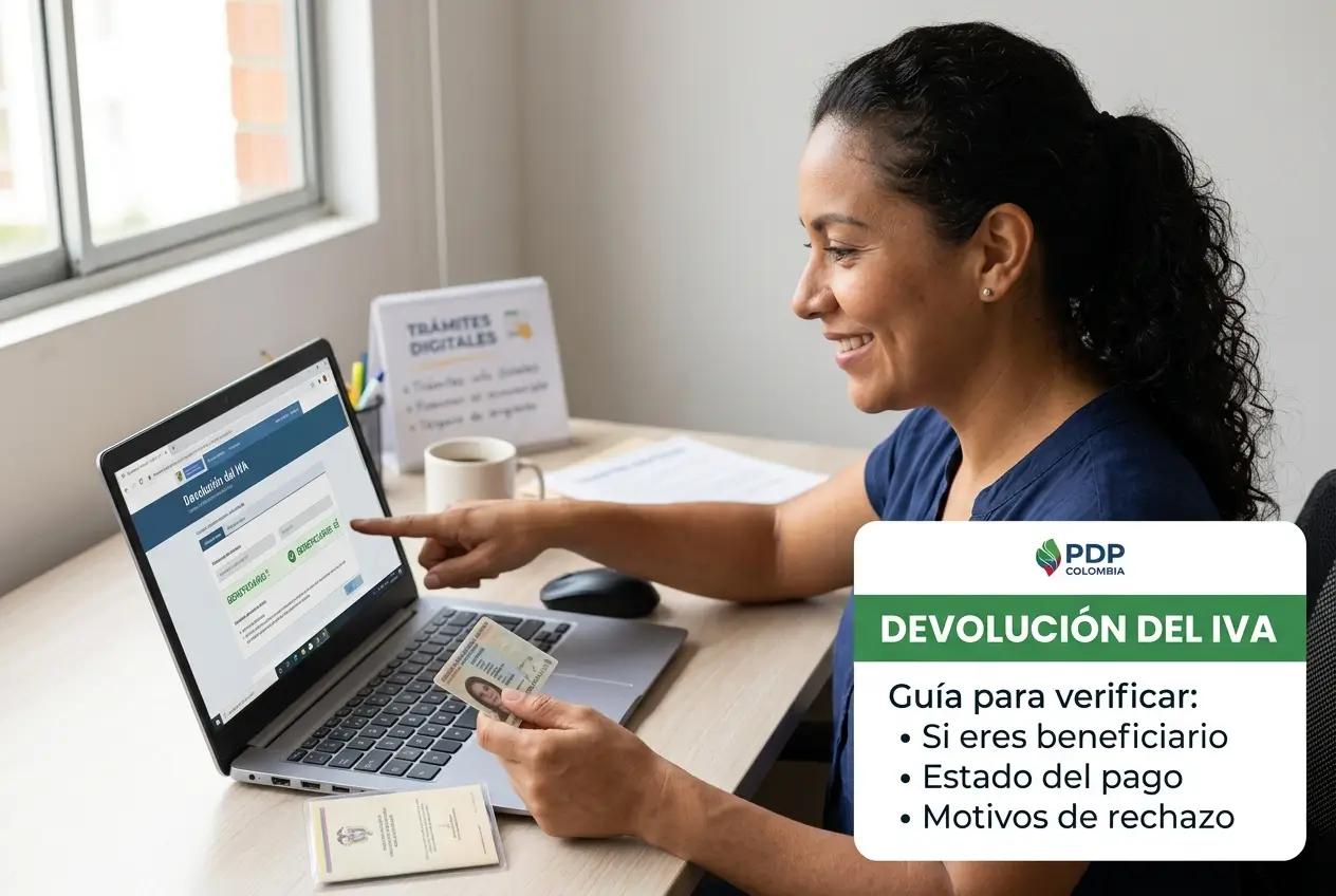 Mulher sorrindo aponta para tela de laptop sobre Devolución del IVA