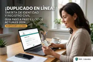 Mulher com cartão de identidade colombiano e laptop sobre duplicação online