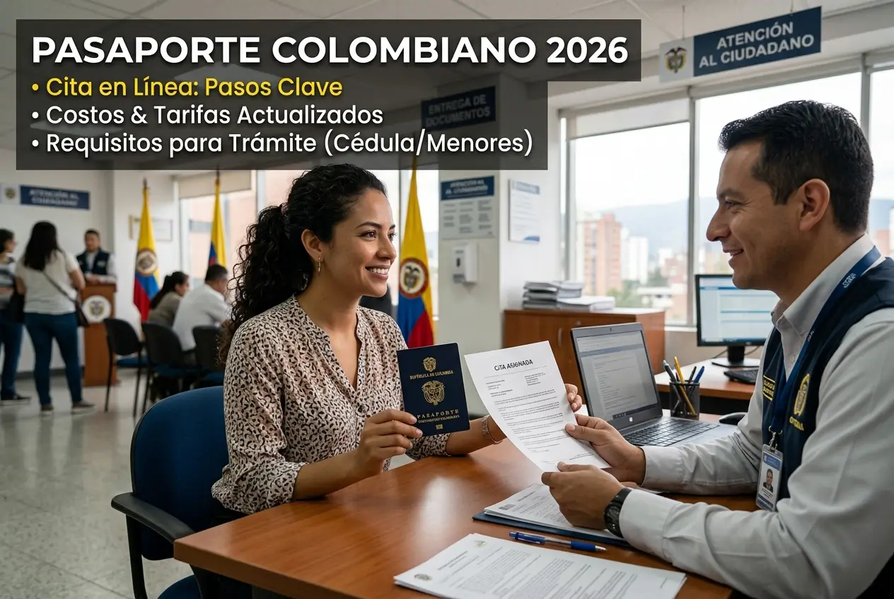 Mulher com passaporte colombiano sendo atendida em escritório.