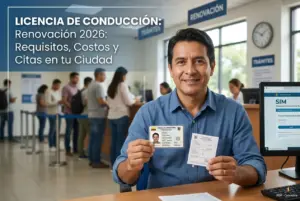 Homem sorrindo com carteira de motorista e documento em serviço público.