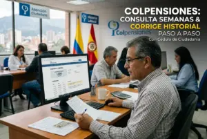 Homem em escritório de serviços ao cidadão com tela de Historial Laboral