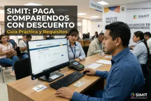 Homem usando a plataforma SIMIT em escritório movimentado.