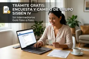 Mulher sorrindo na frente do laptop com formulário SISBÉN IV.