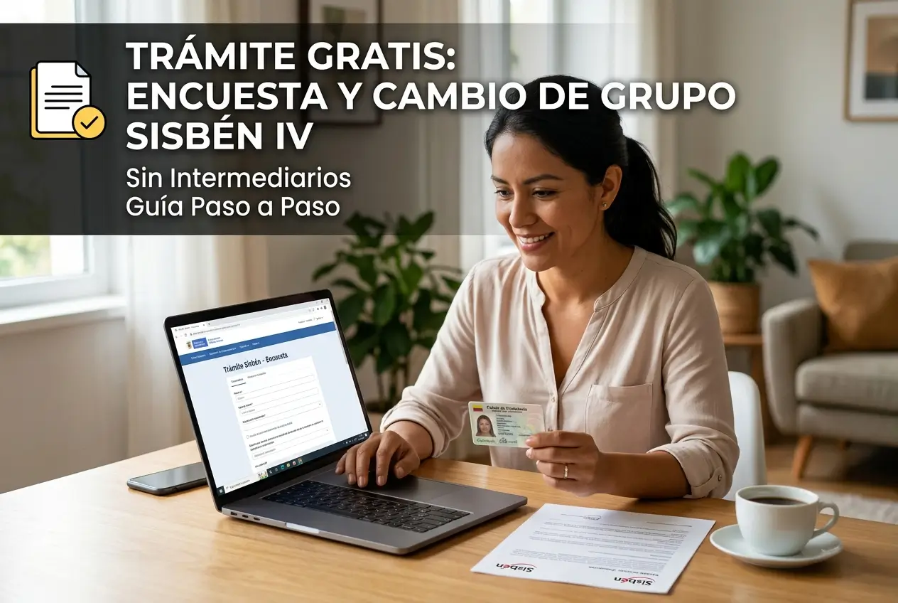 Mulher sorrindo na frente do laptop com formulário SISBÉN IV.