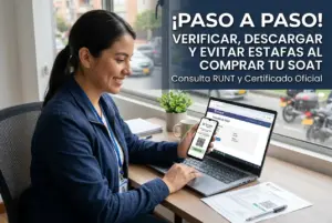 Mulher usando smartphone e laptop para consultas RUNT e SOAT