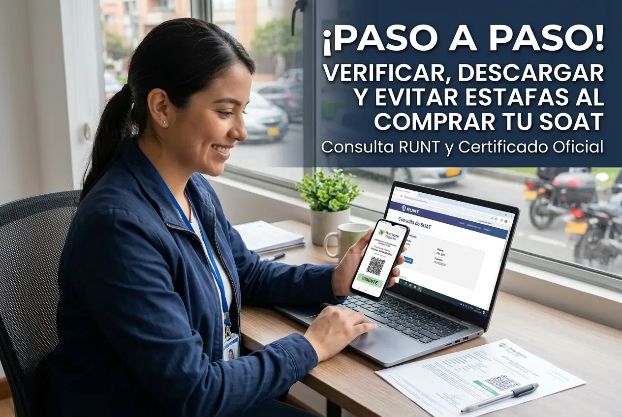 Mulher usando smartphone e laptop para consultas RUNT e SOAT