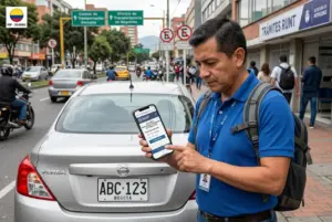 Homem com smartphone olhando app em cidade movimentada