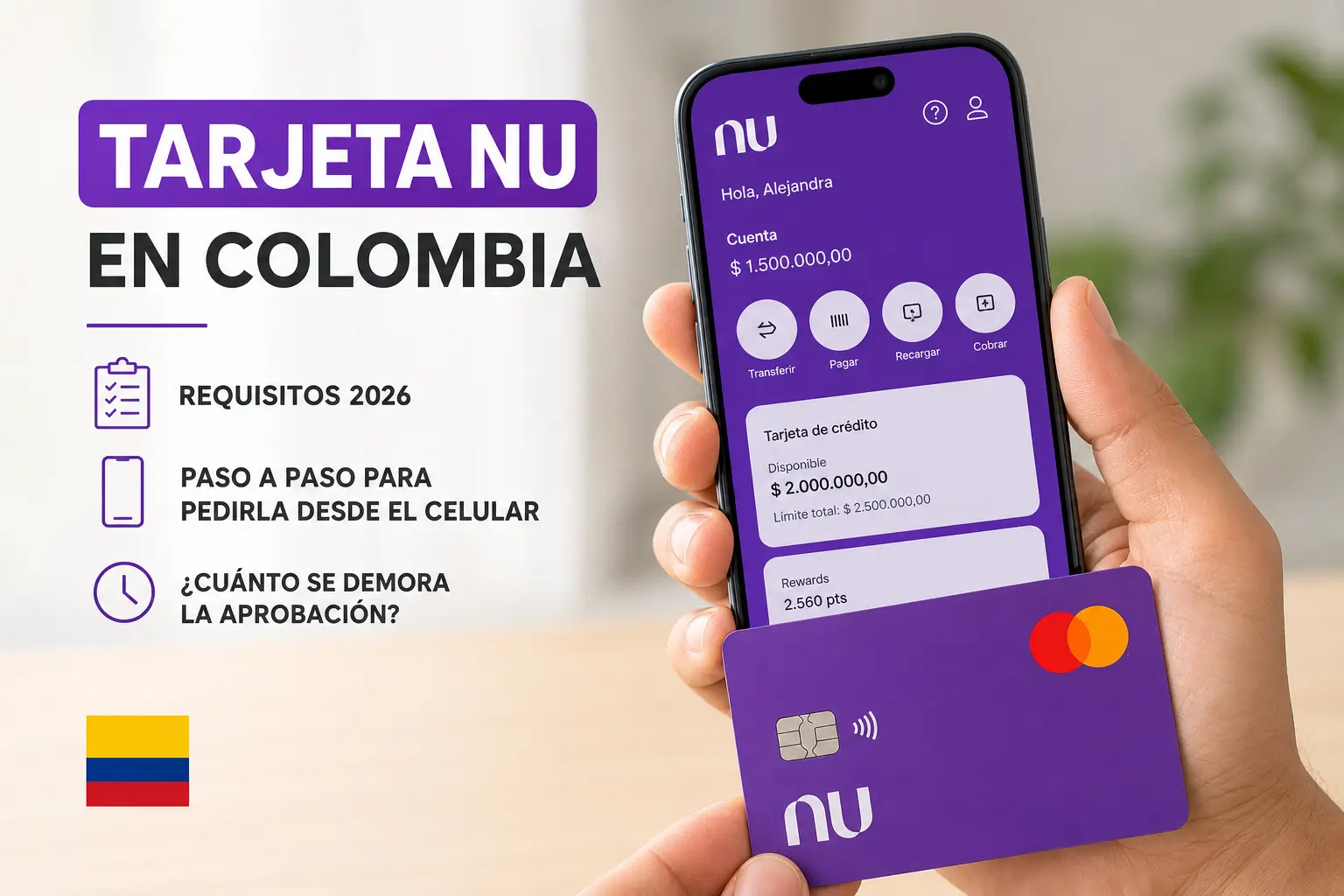 Smartphone com interface do app Nu e cartão roxo da Nu na Colômbia