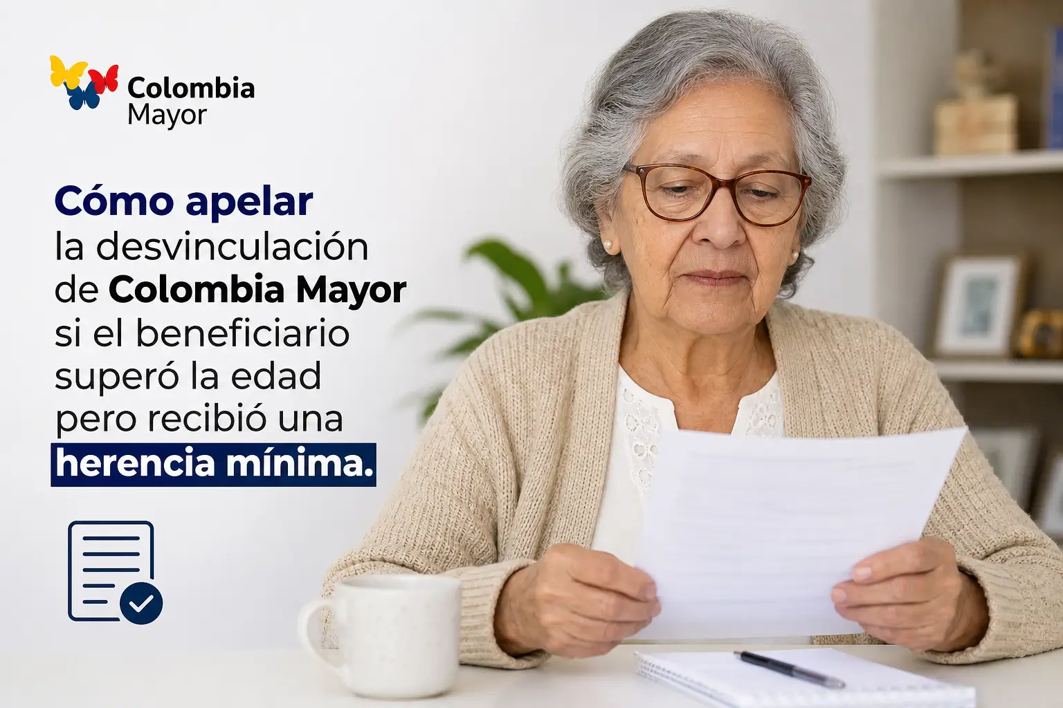 Mulher idosa de óculos lê papéis sobre Colombia Mayor 2026