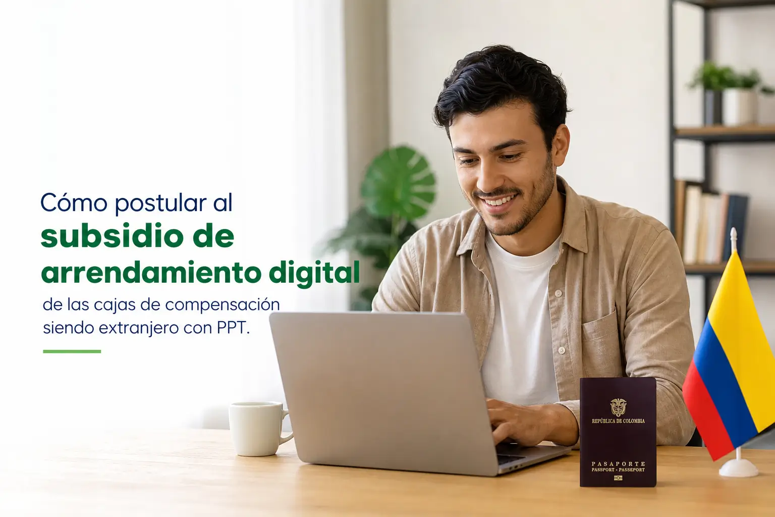 Homem sorridente com laptop e bandeira da Colômbia no escritório