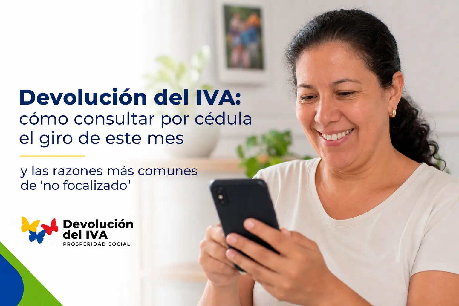 Mulher sorridente usando celular sobre 'Devolução do IVA'