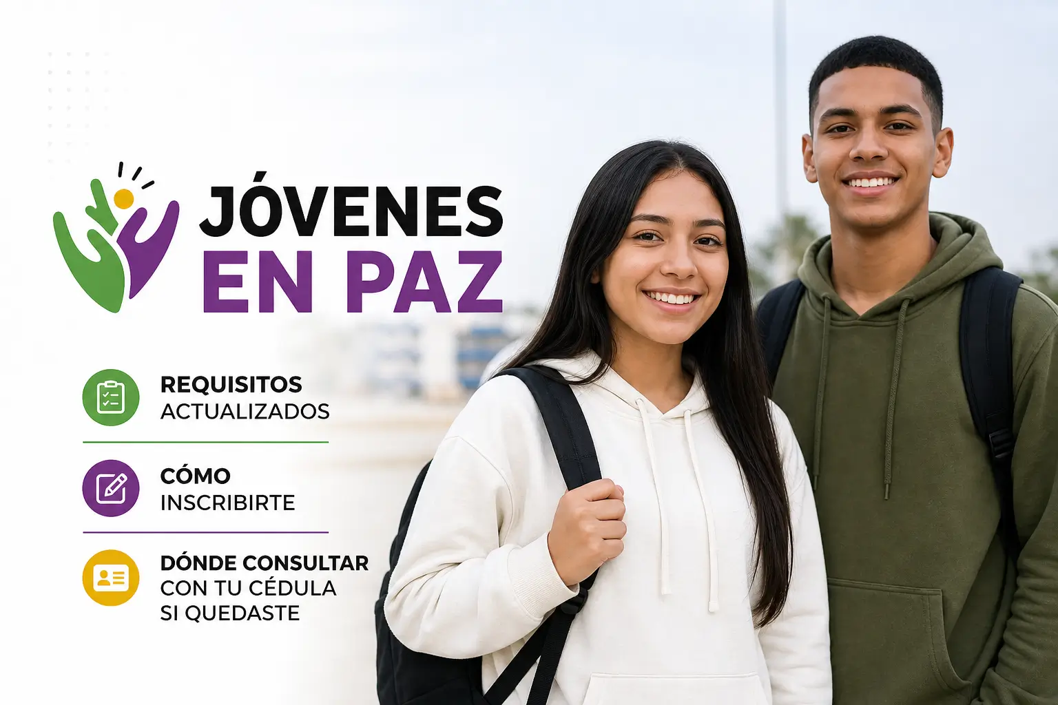 Jovens sorrindo ao ar livre com ícones em cartaz de requisitos