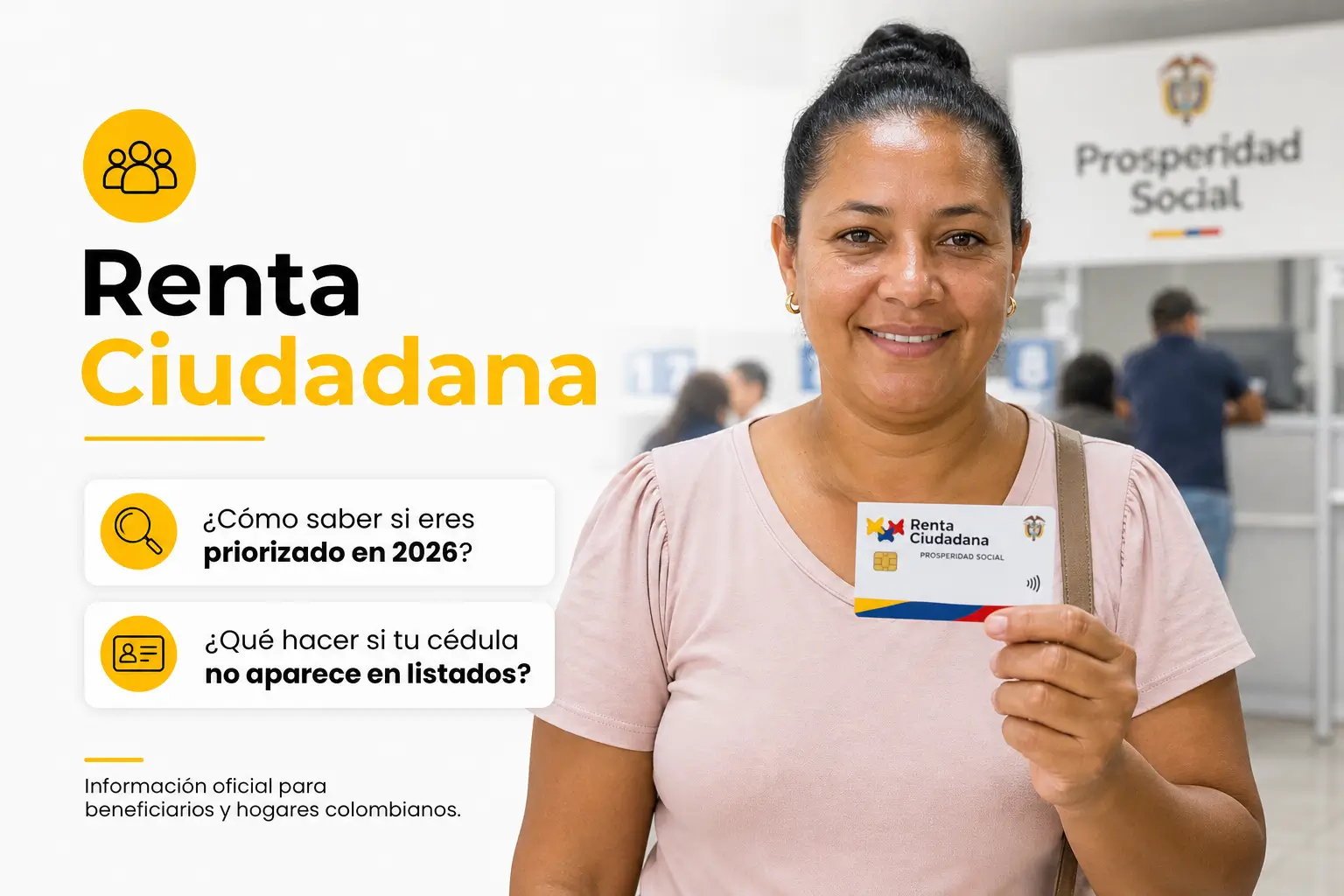 Mulher colombiana sorrindo com 'Renta Ciudadana' 2026