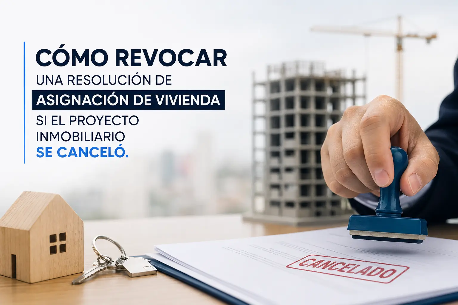 Agente imobiliário com selo de CANCELADO em documento frente a prédio