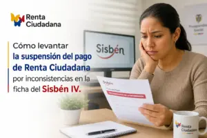 Mulher preocupada com documento Sisbén e monitor Renta Ciudadana