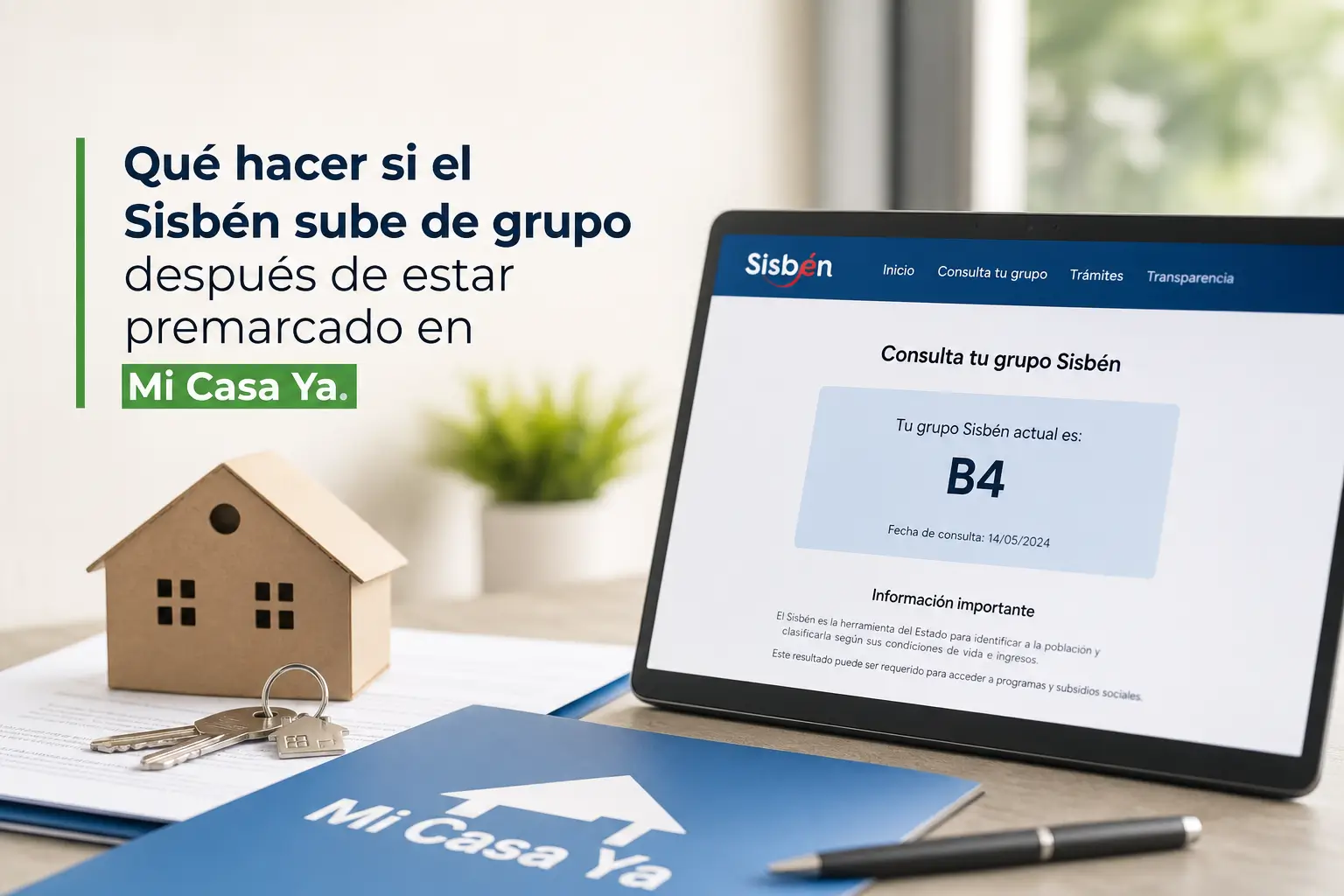 Consulta Sisbén grupo B4 em laptop com casa e chaves
