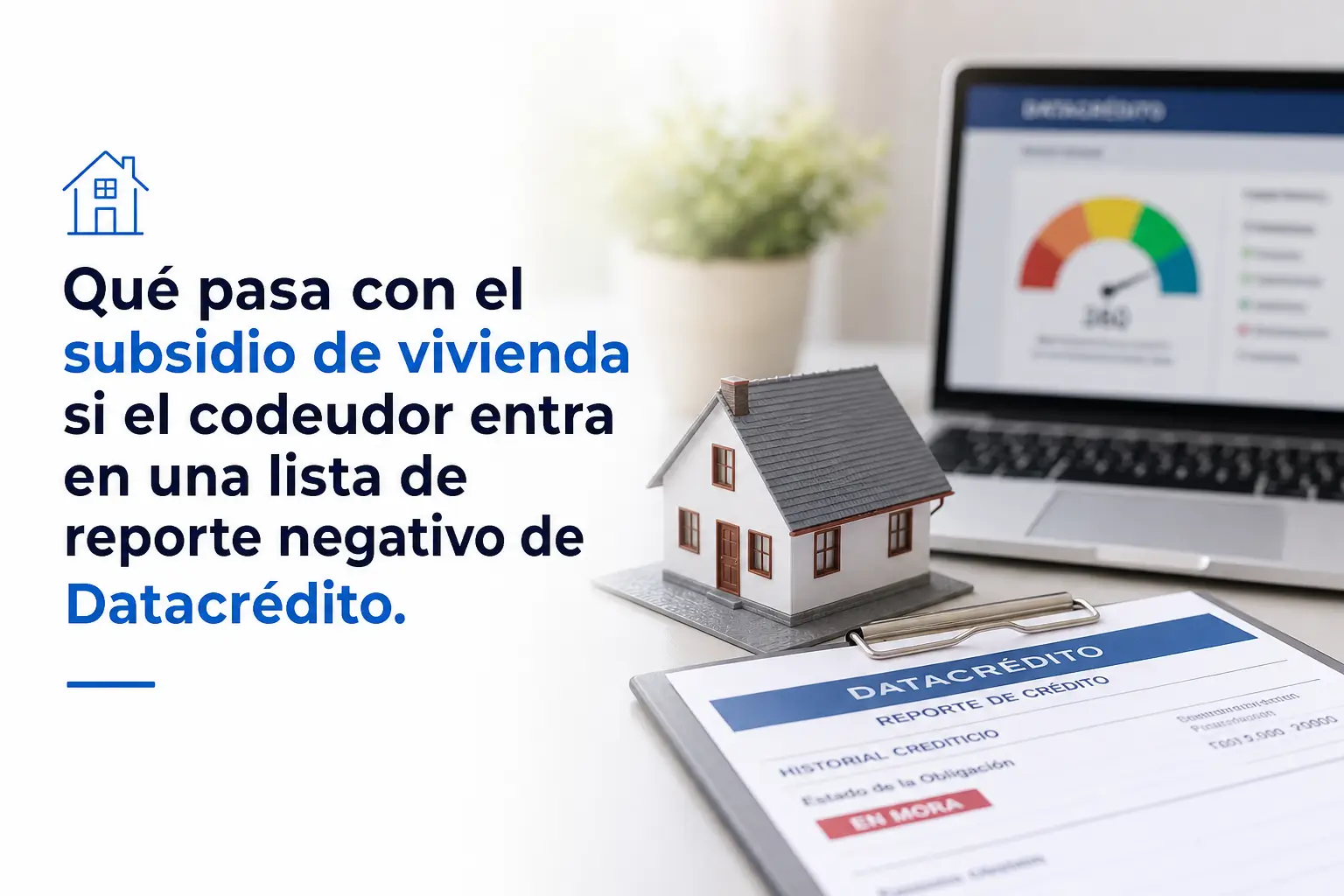 Maquete de casa em documento DATACRÉDITO, laptop com gráfico de velocímetro